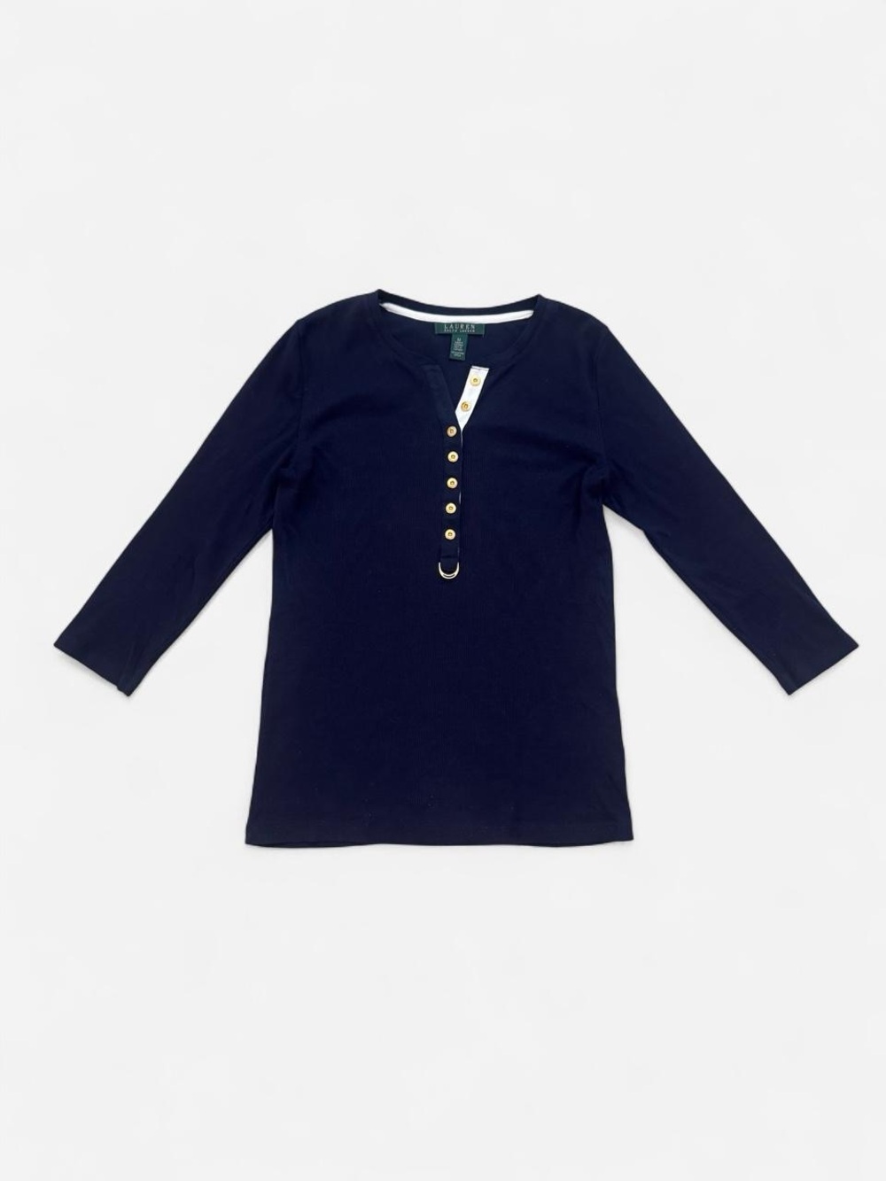 LAUREN Ralph Lauren Navy Ribbed Henley Top Gold Hardware - M (Mint)